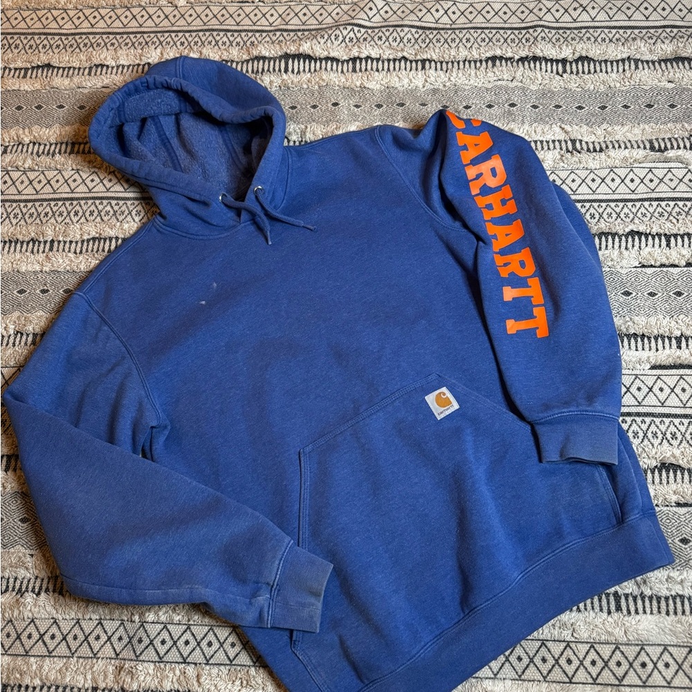 Carhartt Blue Sweatshirt with Hood and Orange Logo
